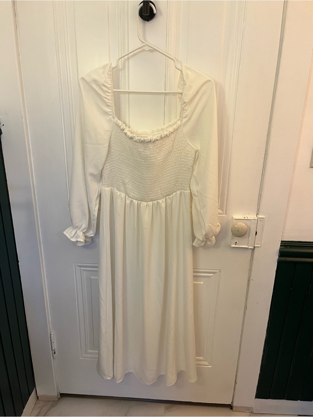 Ivory Long Sleeve Smocked Midi Dress